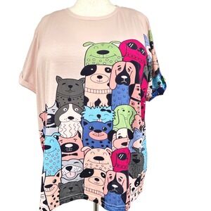 Pixie Lady Women T-Shirt 2X Peach Multicolor Cartoon Dog Print Whimsical Fun